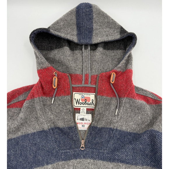 Woolrich Pullover Sweater Mens Large Gray Red Blue Striped Hooded Wool USA Made - Picture 3 of 6